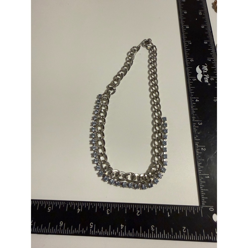 Silver‎ Tone Curb Chain Necklace Light Blue Rhinestone Tiered Chunky Hook Clasp